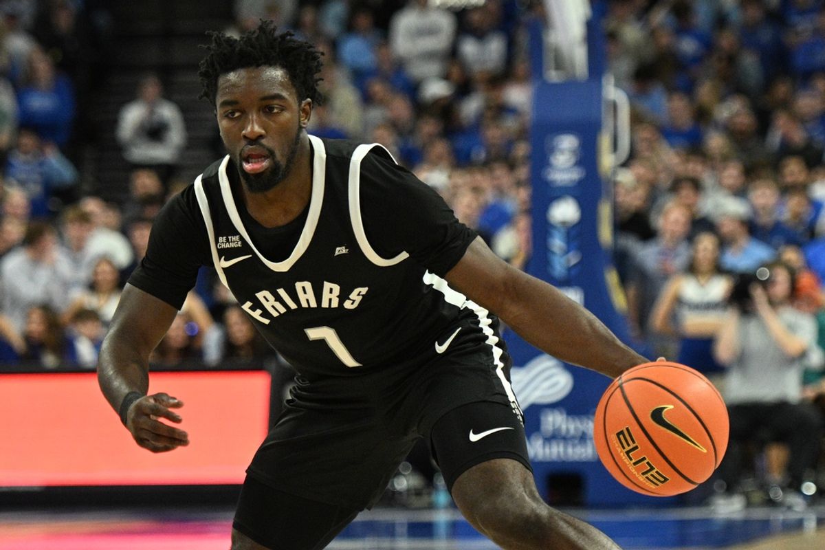 Jan 14, 2025; Omaha, Nebraska, USA;  Providence Friars guard Bensley Joseph (7) dribbles against the Creighton Bluejays during the first half at CHI Health Center Omaha. Mandatory Credit: Steven Branscombe-Imagn Images