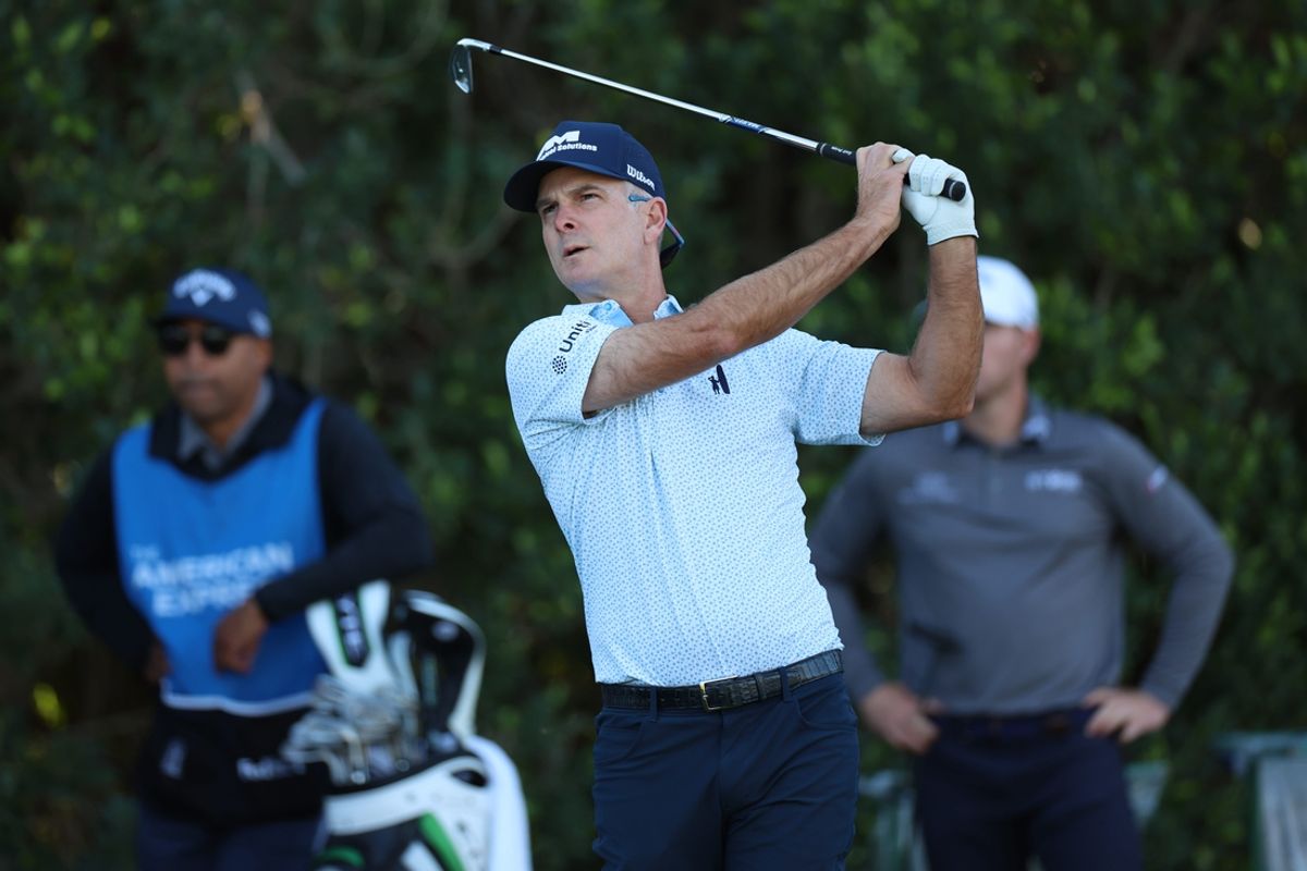 Jan 16, 2025; La Quinta, California, USA; Kevin Streelman hits from the third tee box during the first round of The American Express golf tournament at La Quinta Country Club. Mandatory Credit: Abe Arredondo-Imagn Images