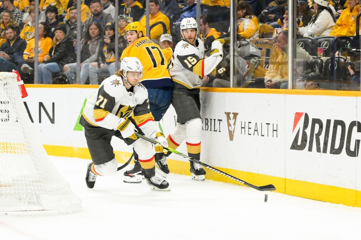 Jan 14, 2025; Nashville, Tennessee, USA;  Vegas Golden Knights center William Karlsson (71) skates behind the net against the Nashville Predators during the third period at Bridgestone Arena. Mandatory Credit: Steve Roberts-Imagn Images