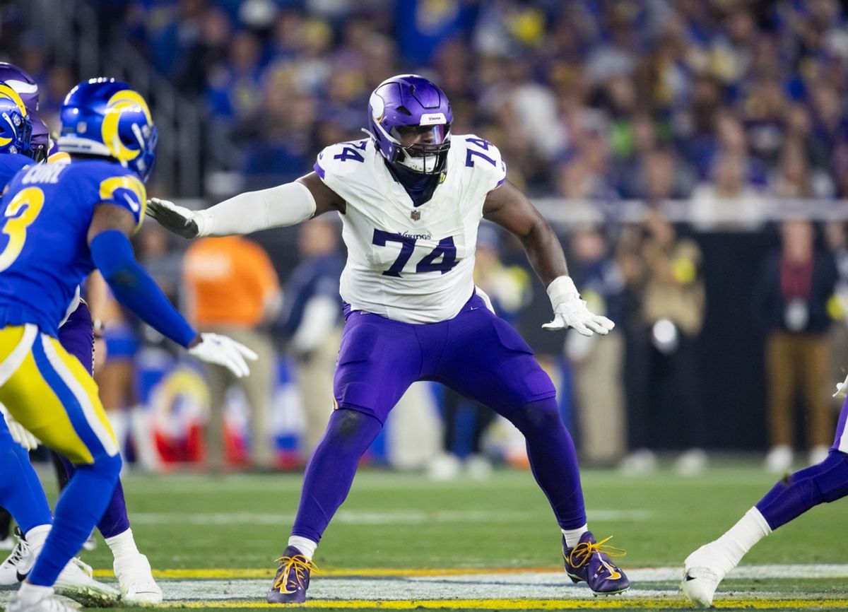 Jan 13, 2025; Glendale, AZ, USA; Minnesota Vikings tackle Cam Robinson (74) against the Los Angeles Rams during an NFC wild card game at State Farm Stadium. Mandatory Credit: Mark J. Rebilas-Imagn Images