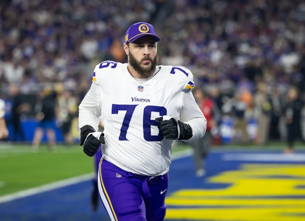Jan 13, 2025; Glendale, AZ, USA; Minnesota Vikings tackle David Quessenberry (76) against the Los Angeles Rams during an NFC wild card game at State Farm Stadium. Mandatory Credit: Mark J. Rebilas-Imagn Images