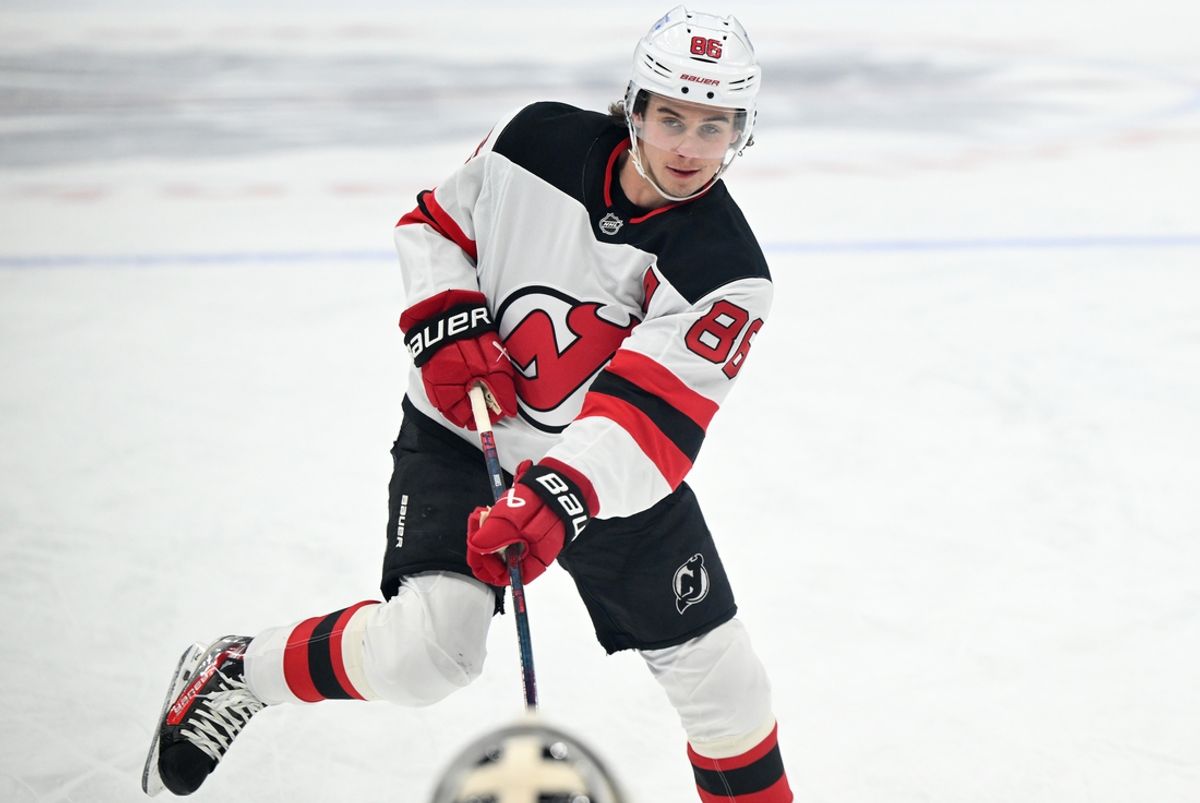 Jan 16, 2025; Toronto, Ontario, CAN;  New Jersey Devils forward Jack Hughes (86) warms up before playing the Toronto Maple Leafs at Scotiabank Arena. Mandatory Credit: Dan Hamilton-Imagn Images