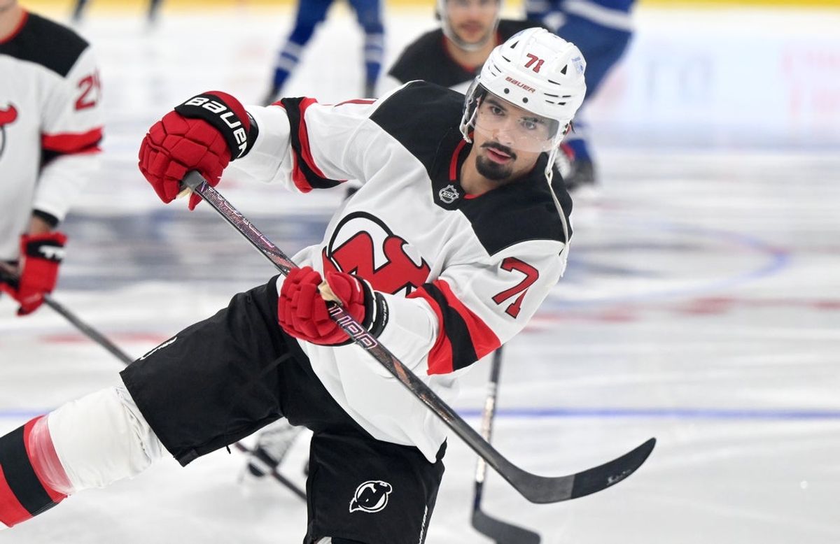 Jan 16, 2025; Toronto, Ontario, CAN;  New Jersey Devils defensema Jonas Siegenthaler (71) warms up before playing the Toronto Maple Leafs at Scotiabank Arena. Mandatory Credit: Dan Hamilton-Imagn Images