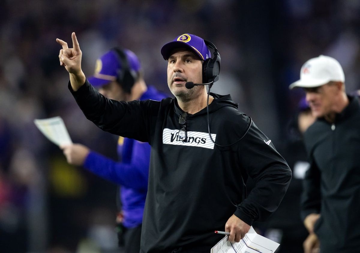 Jan 13, 2025; Glendale, AZ, USA; Minnesota Vikings tight ends coach Brian Angelichio against the Los Angeles Rams during an NFC wild card game at State Farm Stadium. Mandatory Credit: Mark J. Rebilas-Imagn Images