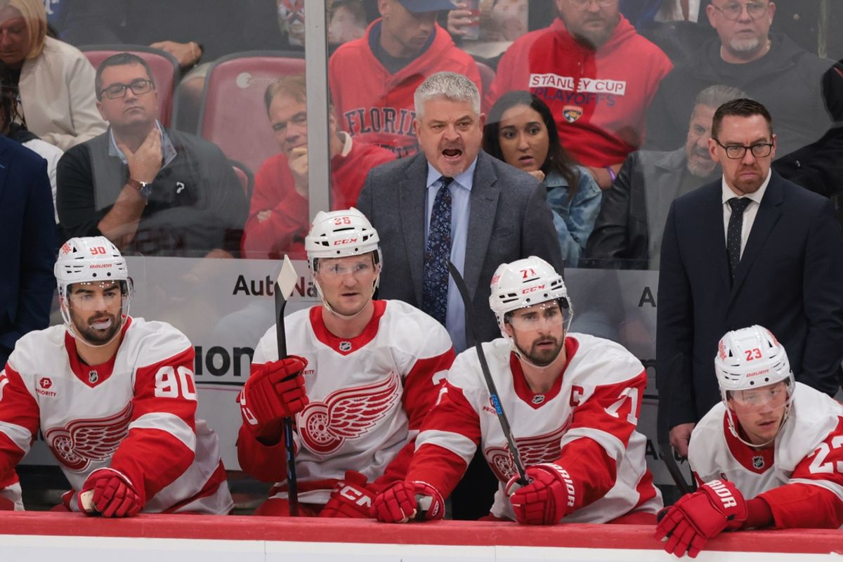Jan 16, 2025; Sunrise, Florida, USA; Detroit Red Wings head coach Todd McLellan reacts from the bench against the Florida Panthers during the second period at Amerant Bank Arena. Mandatory Credit: Sam Navarro-Imagn Images