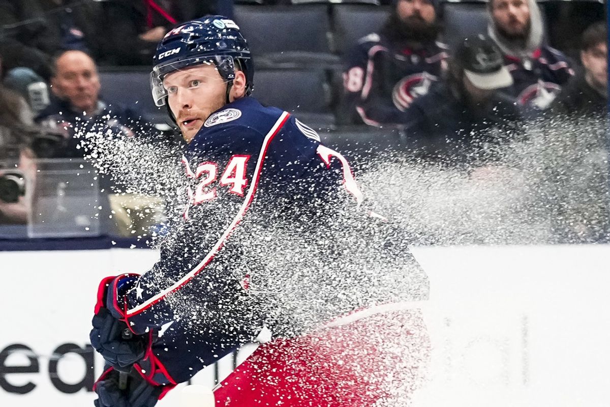 Jan 16, 2025; Columbus, Ohio, USA; Columbus Blue Jackets right wing Mathieu Olivier (24) watches the puck after shooting it in the third period at Nationwide Arena on Thursday, Jan. 16, 2025 in Columbus, Ohio.   Mandatory Credit: Samantha Madar/USA TODAY Network via Imagn Images