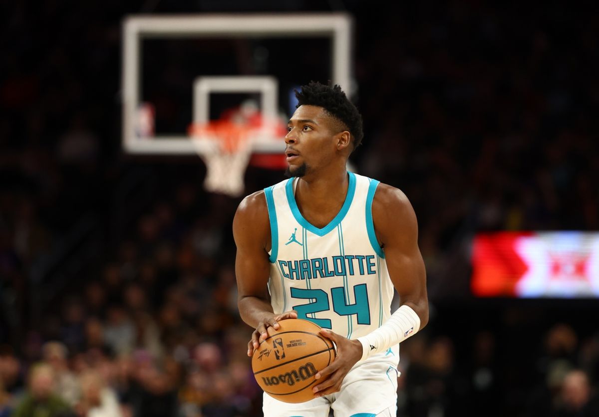 Jan 12, 2025; Phoenix, Arizona, USA; Charlotte Hornets forward Brandon Miller (24) against the Phoenix Suns at Footprint Center. Mandatory Credit: Mark J. Rebilas-Imagn Images