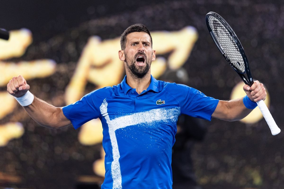 Jan 17, 2025; Melbourne, Victoria, Australia; Novak Djokovic of Serbia celebrates during his match against Tomas Machac of Czech Republic in the third round of the men's singles at the 2025 Australian Open at Melbourne Park. Mandatory Credit: Mike Frey-Imagn Images