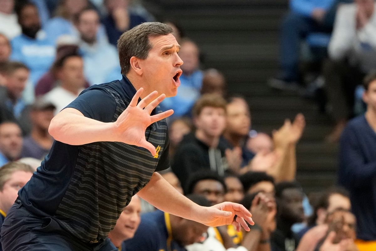 Jan 15, 2025; Chapel Hill, North Carolina, USA; California Golden Bears head coach Mark Madsen reacts in the first half at Dean E. Smith Center. Mandatory Credit: Bob Donnan-Imagn Images