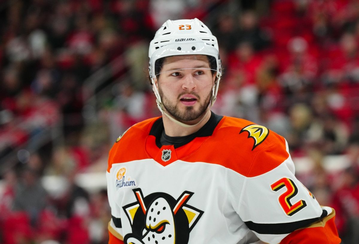 Jan 12, 2025; Raleigh, North Carolina, USA;  Anaheim Ducks center Mason McTavish (23) looks on against the Carolina Hurricanes during the third period at Lenovo Center. Mandatory Credit: James Guillory-Imagn Images