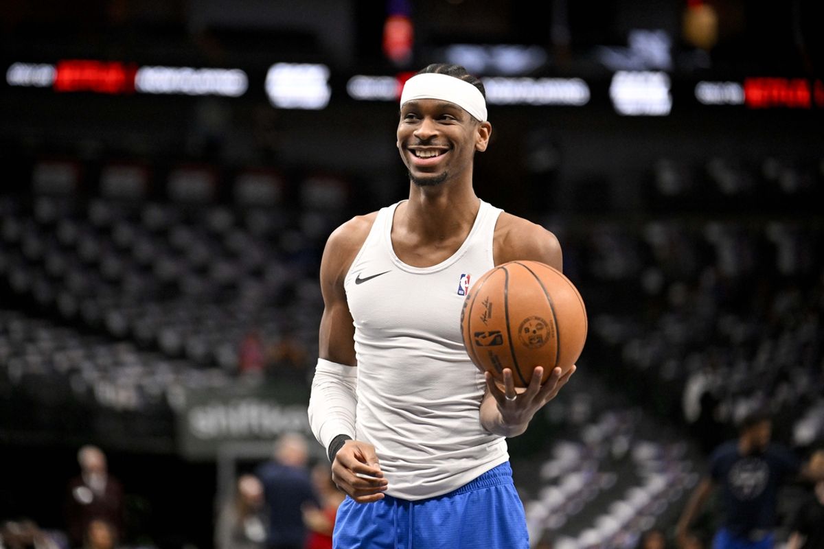 Jan 17, 2025; Dallas, Texas, USA; Oklahoma City Thunder guard Shai Gilgeous-Alexander (2) warms up before the game between the Dallas Mavericks and the Oklahoma City Thunder at the American Airlines Center. Mandatory Credit: Jerome Miron-Imagn Images
