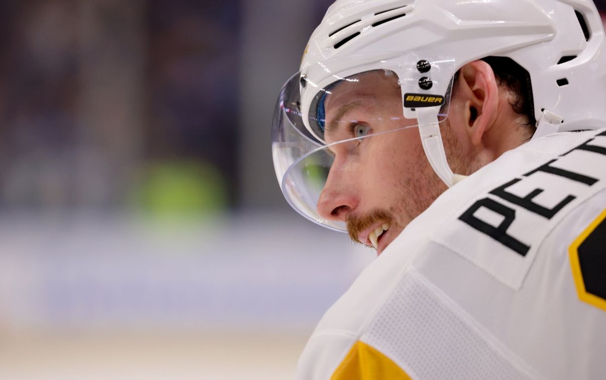 Jan 17, 2025; Buffalo, New York, USA;  Pittsburgh Penguins defenseman Marcus Pettersson (28) waits for the face-off during the second period against the Buffalo Sabres at KeyBank Center. Mandatory Credit: Timothy T. Ludwig-Imagn Images