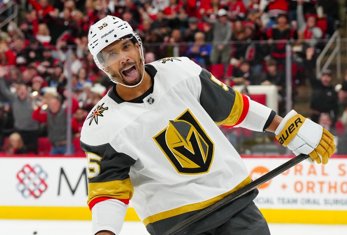 Jan 17, 2025; Raleigh, North Carolina, USA; Vegas Golden Knights right wing Keegan Kolesar (55) reacts to missing his penalty shot attempt against the Carolina Hurricanes during the second period at Lenovo Center. Mandatory Credit: James Guillory-Imagn Images
