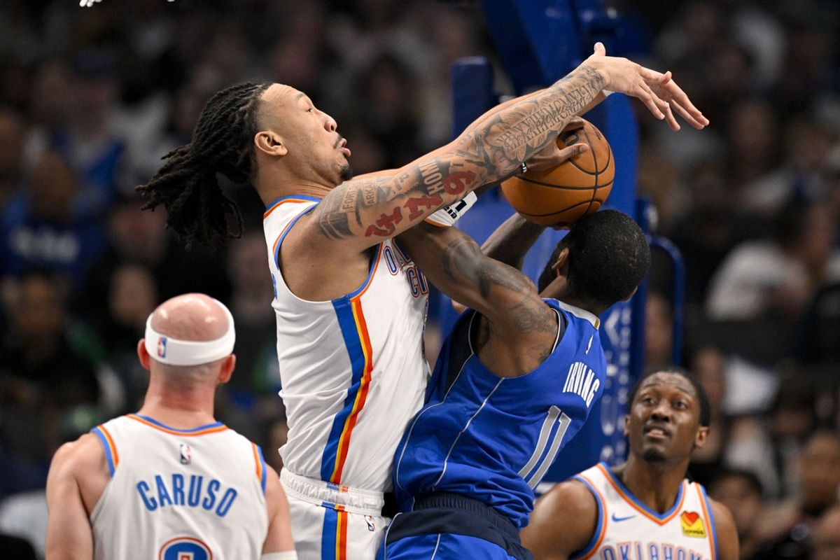 Jan 17, 2025; Dallas, Texas, USA; Oklahoma City Thunder forward Jaylin Williams (6) blocks a shot by Dallas Mavericks guard Kyrie Irving (11) during the second quarter at the American Airlines Center. Mandatory Credit: Jerome Miron-Imagn Images
