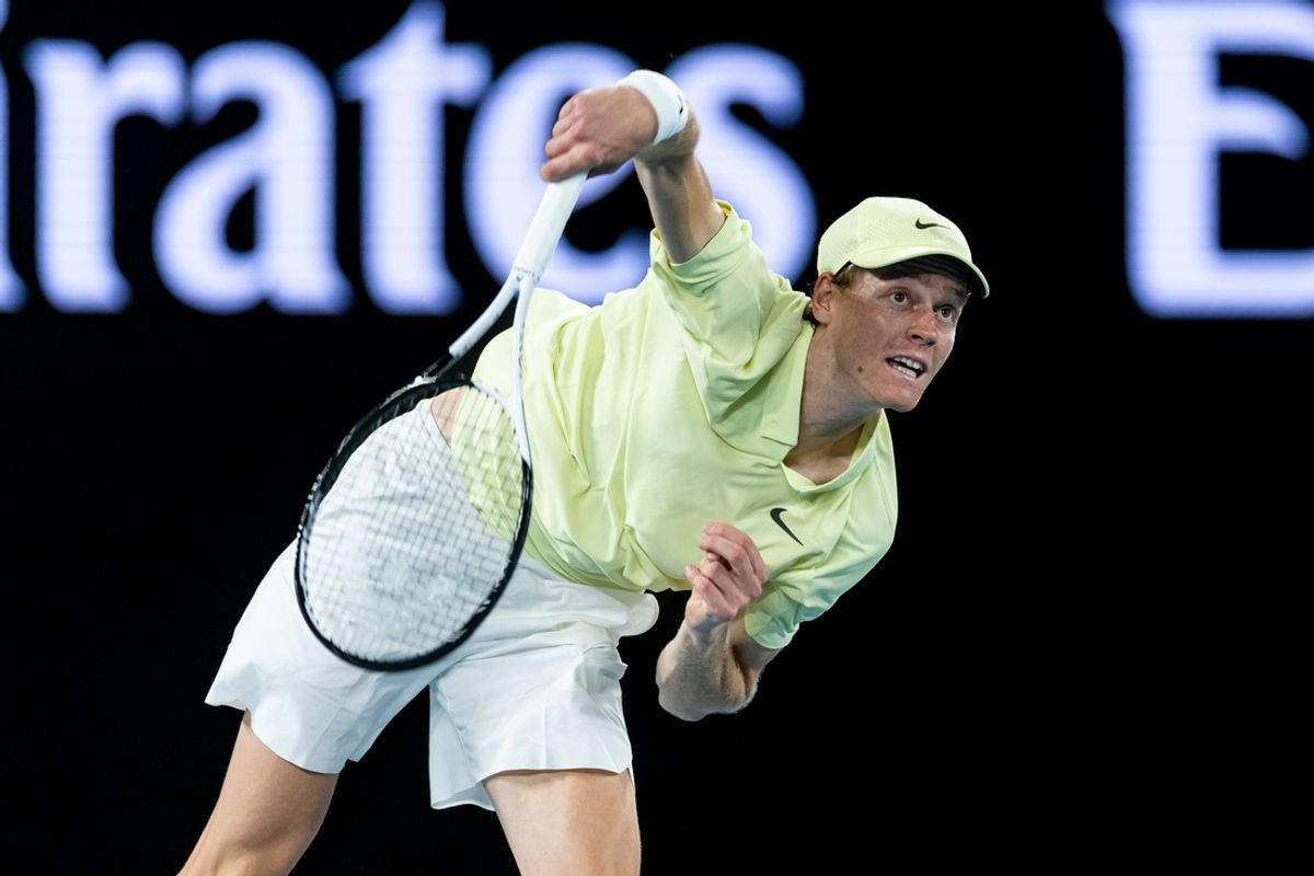 Jan 18, 2025; Melbourne, Victoria, Australia; Jannik Sinner of Italy serves during his match against Marcos Giron of United States of America in the third round of the men's singles at the 2025 Australian Open at Melbourne Park. Mandatory Credit: Mike Frey-Imagn Images