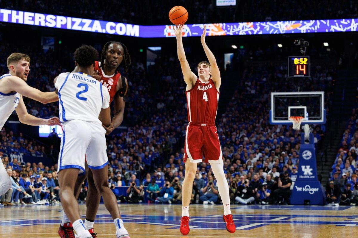 Jan 18, 2025; Lexington, Kentucky, USA; Alabama Crimson Tide forward Grant Nelson (4) shoots the ball during the first half against the Kentucky Wildcats at Rupp Arena at Central Bank Center. Mandatory Credit: Jordan Prather-Imagn Images
