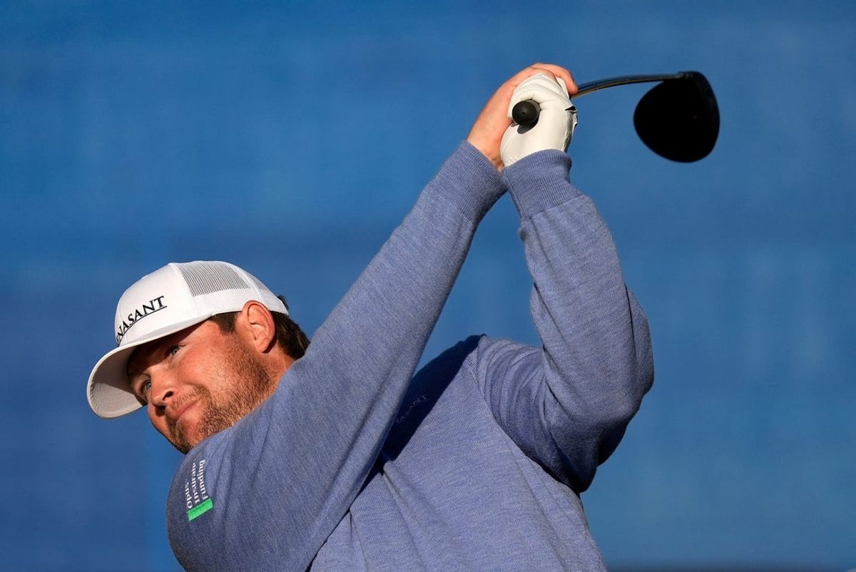 Trey Mullinax tees off on ten of the Nicklaus Tournament Course to start the third round of The American Express at PGA West in La Quinta, Calif., on Saturday, Jan. 18, 2025.
