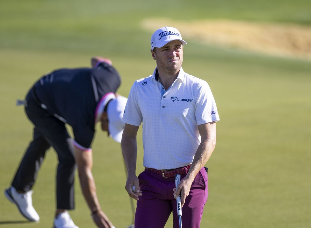 Jan 18, 2025; La Quinta, California, USA; Justin Thomas looks on the third hole during the third round of The American Express golf tournament at La Quinta Country Club. Mandatory Credit: Abe Arredondo-Imagn Images