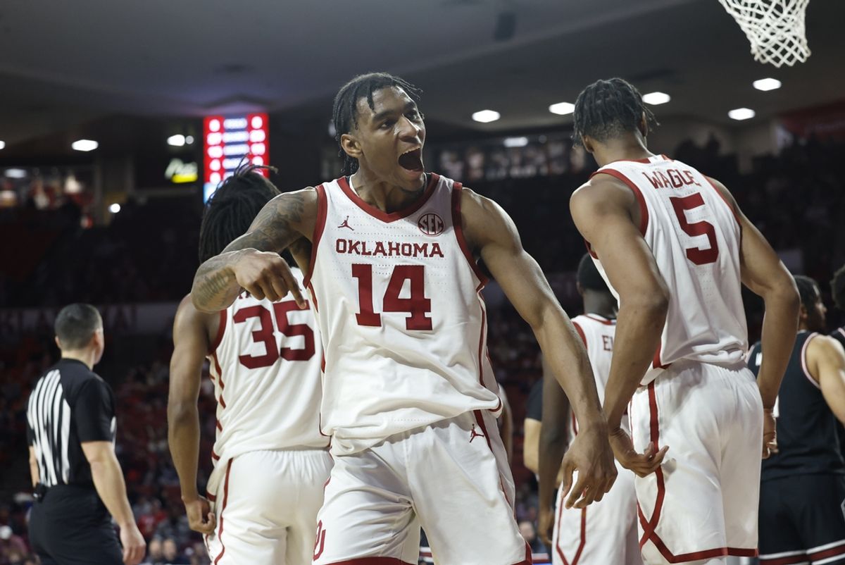 Jan 18, 2025; Norman, Oklahoma, USA; Oklahoma Sooners forward Jalon Moore (14) celebrates after scoring against the South Carolina Gamecocks during the second half at Lloyd Noble Center. Mandatory Credit: Alonzo Adams-Imagn Images