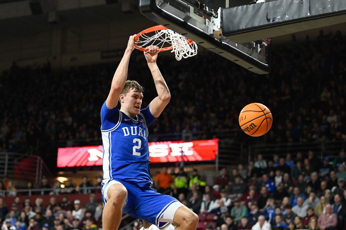 Jan 18, 2025; Chestnut Hill, Massachusetts, USA; Duke Blue Devils guard Cooper Flagg (2) dunks the ball against the Boston College Eagles during the first half at Conte Forum. Mandatory Credit: Eric Canha-Imagn Images