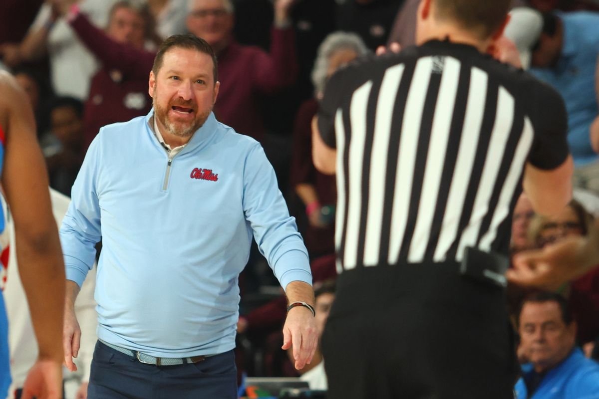 Jan 18, 2025; Starkville, Mississippi, USA; Mississippi Rebels head coach Chris Beard reacts toward an official during the second half against the Mississippi State Bulldogs at Humphrey Coliseum. Mandatory Credit: Petre Thomas-Imagn Images