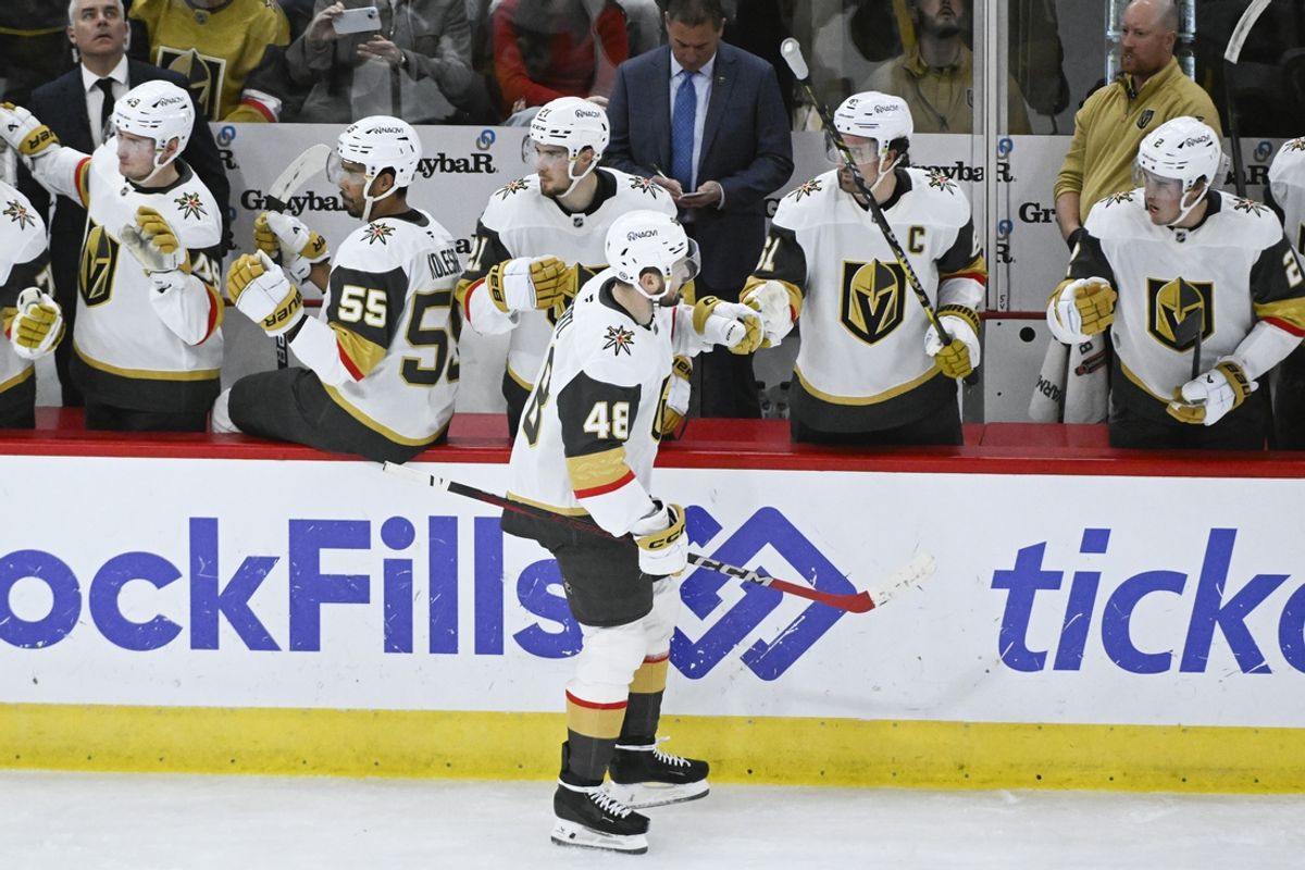 Jan 18, 2025; Chicago, Illinois, USA;  Vegas Golden Knights center Tomas Hertl (48) celebrates with teammates after he scores against the Chicago Blackhawks  during the second period at United Center. Mandatory Credit: Matt Marton-Imagn Images