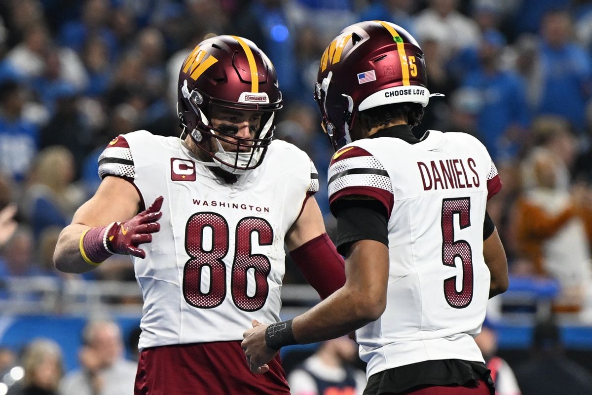 Jan 18, 2025; Detroit, Michigan, USA; Washington Commanders tight end Zach Ertz (86) celebrates touchdown pass with quarterback Jayden Daniels (5) during the second quarter in a 2025 NFC divisional round game at Ford Field. Mandatory Credit: Lon Horwedel-Imagn Images