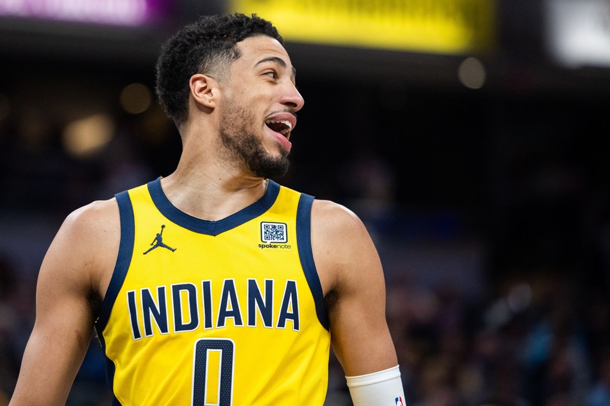 Jan 18, 2025; Indianapolis, Indiana, USA; Indiana Pacers guard Tyrese Haliburton (0) in the first half against the Philadelphia 76ers at Gainbridge Fieldhouse. Mandatory Credit: Trevor Ruszkowski-Imagn Images