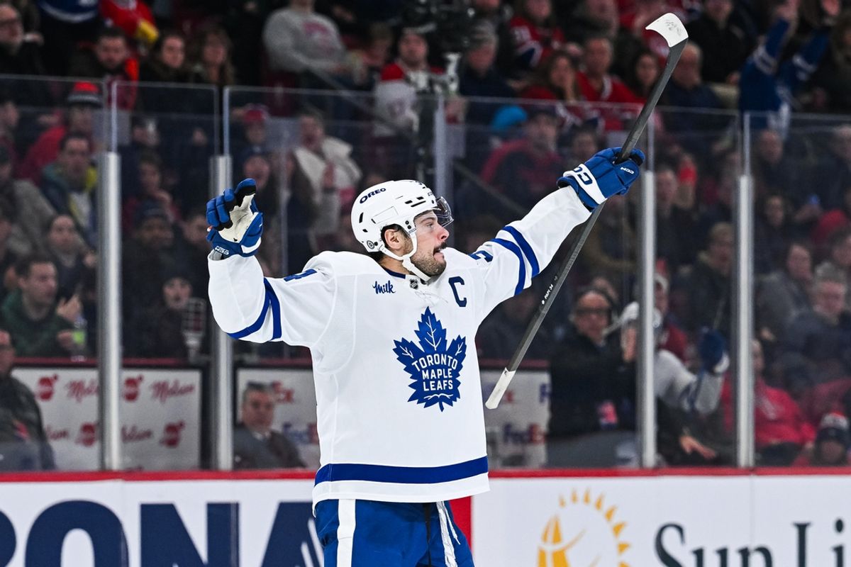 Jan 18, 2025; Montreal, Quebec, CAN; Toronto Maple Leafs center Auston Matthews (34) reacts after scoring a goal against the Montreal Canadiens during the third period at Bell Centre. Mandatory Credit: David Kirouac-Imagn Images