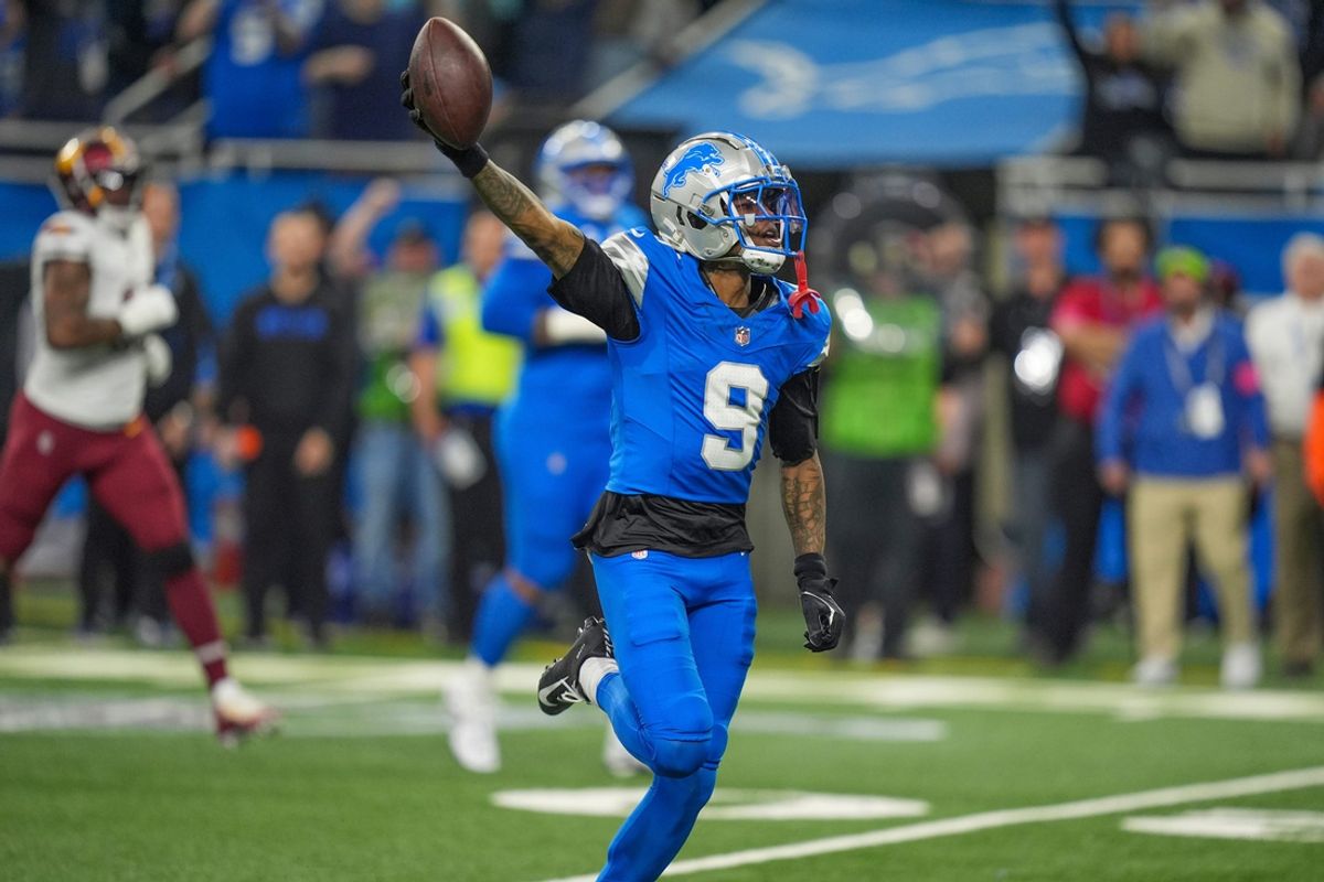 Detroit Lions wide receiver Jameson Williams (9) celebrates in the first half against the Washington Commanders in the NFC divisional round at Ford Field in Detroit on Saturday, Jan. 18, 2025.