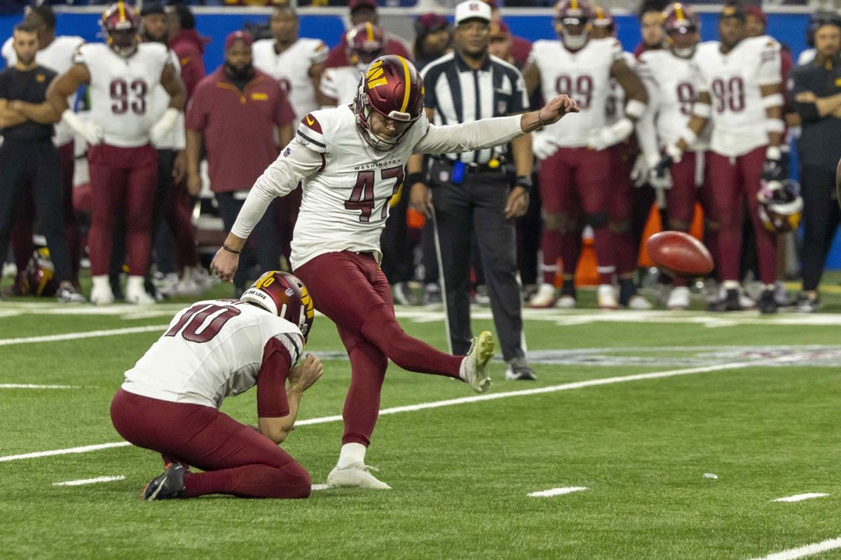 Jan 18, 2025; Detroit, Michigan, USA;  Washington Commanders punter Zane Gonzalez (47) makes a field goal against the Washington Commanders during the second quarter at Ford Field. Mandatory Credit: David Reginek-Imagn Images