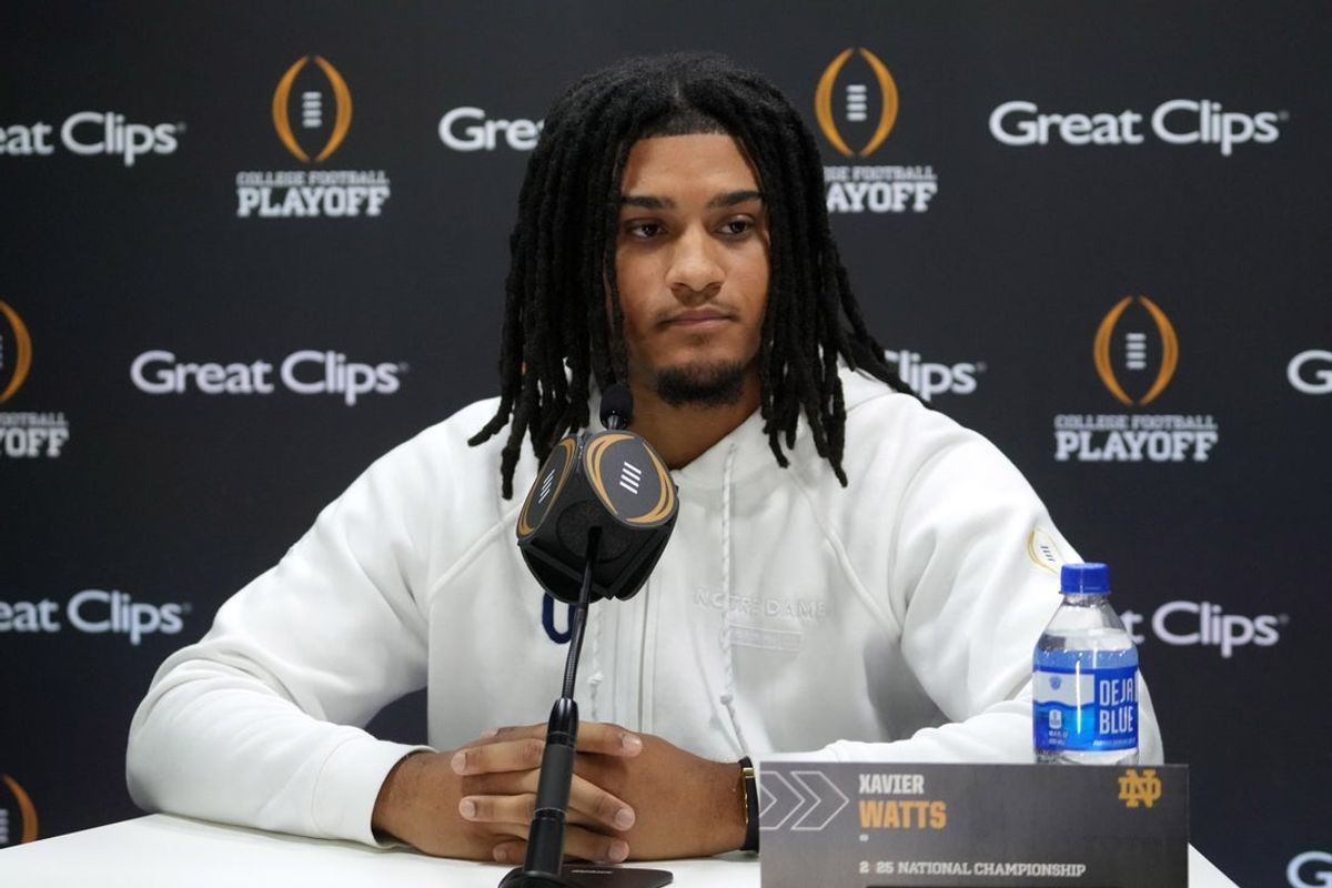 Jan 18, 2025; Atlanta, GA, USA; Notre Dame Fighting Irish safety Xavier Watts (0) during 2025 CFP National Championship Media Day at Georgia World Congress Center, Building A. Mandatory Credit: Kirby Lee-Imagn Images