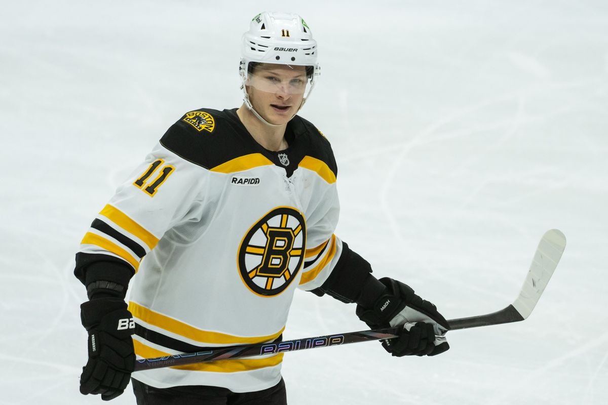 Jan 18, 2025; Ottawa, Ontario, CAN; Boston Bruins center Trent Frederic (11) skates in the third period against the Ottawa Senators at the Canadian Tire Centre. Mandatory Credit: Marc DesRosiers-Imagn Images