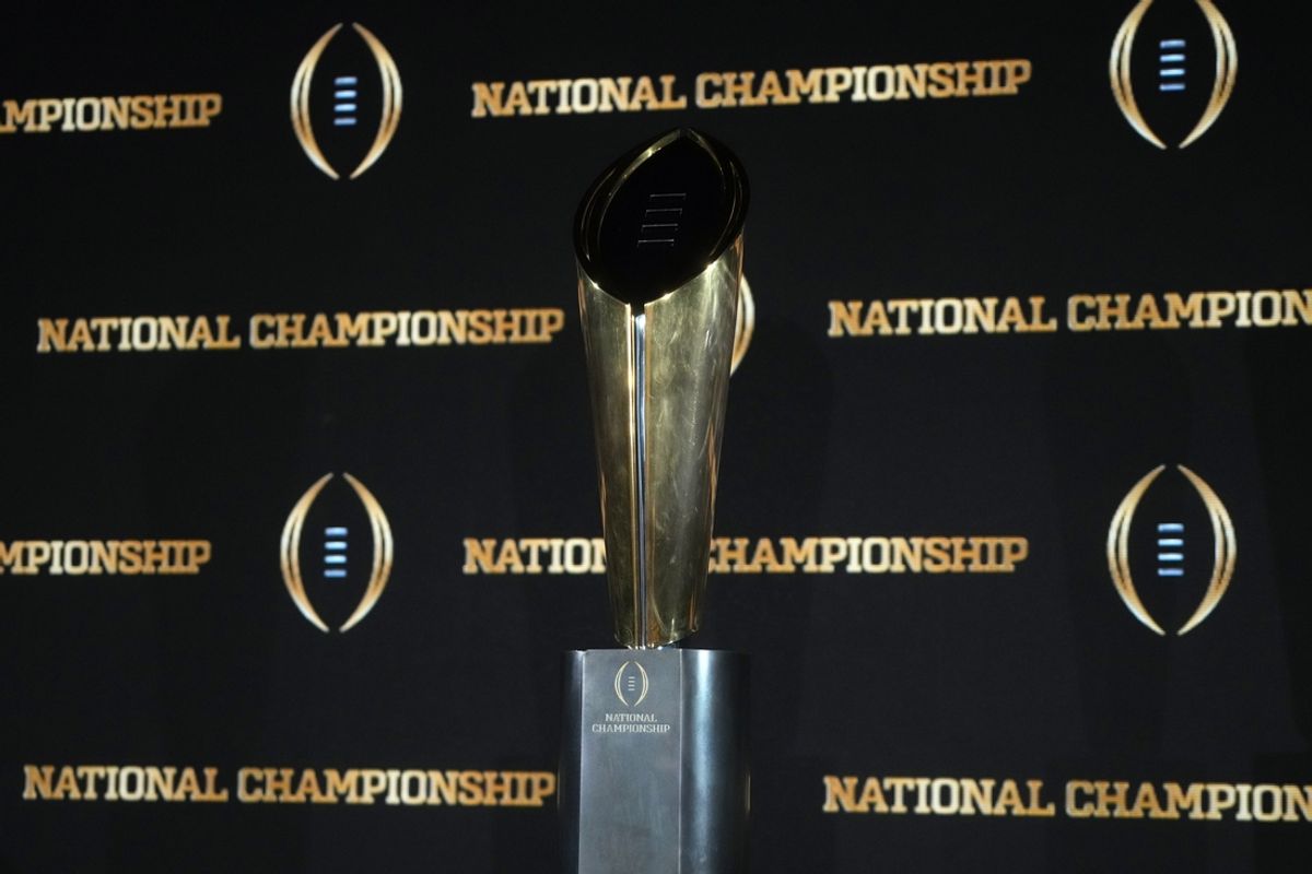 Jan 19, 2025; Atlanta, GA, USA; The College Football Playoff National Championship trophy at a press conference at The Westin Peachtree Plaza, Savannah Ballroom. Mandatory Credit: Kirby Lee-Imagn Images
