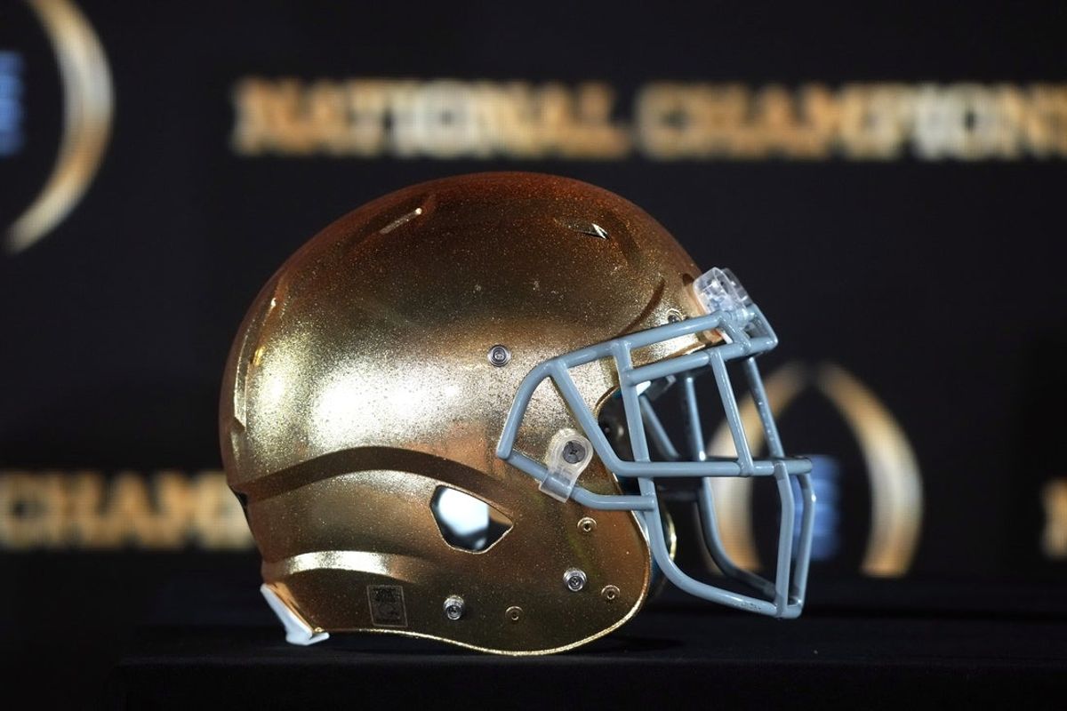 Jan 19, 2025; Atlanta, GA, USA; A Notre Dame Fighting Irish helmet at College Football Playoff National Championship press conference at The Westin Peachtree Plaza, Savannah Ballroom. Mandatory Credit: Kirby Lee-Imagn Images