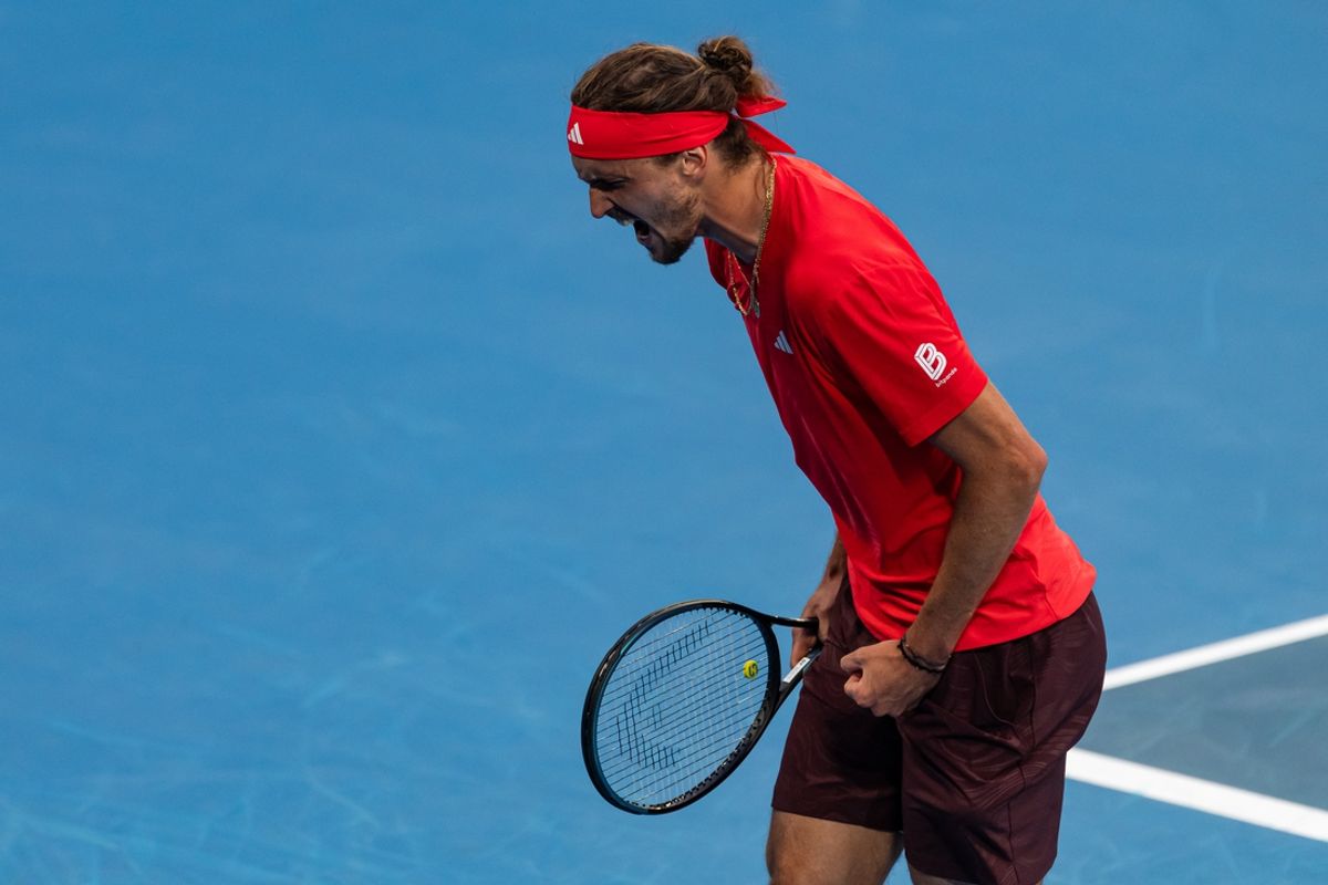 Jan 19, 2025; Melbourne, Victoria, Australia; Alexander Zverev of Germany celebrates during his match against Ugo Humbert of France in the fourth round of the men's singles at the 2025 Australian Open at Melbourne Park. Mandatory Credit: Mike Frey-Imagn Images