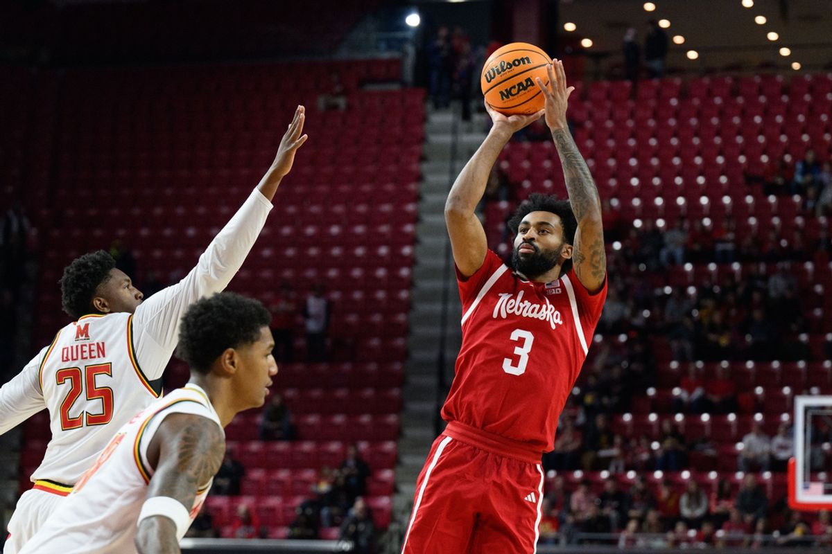 Jan 19, 2025; College Park, Maryland, USA; Nebraska Cornhuskers guard Brice Williams (3) takes a jump shot over Maryland Terrapins center Derik Queen (25) during the first half at Xfinity Center. Mandatory Credit: Reggie Hildred-Imagn Images
