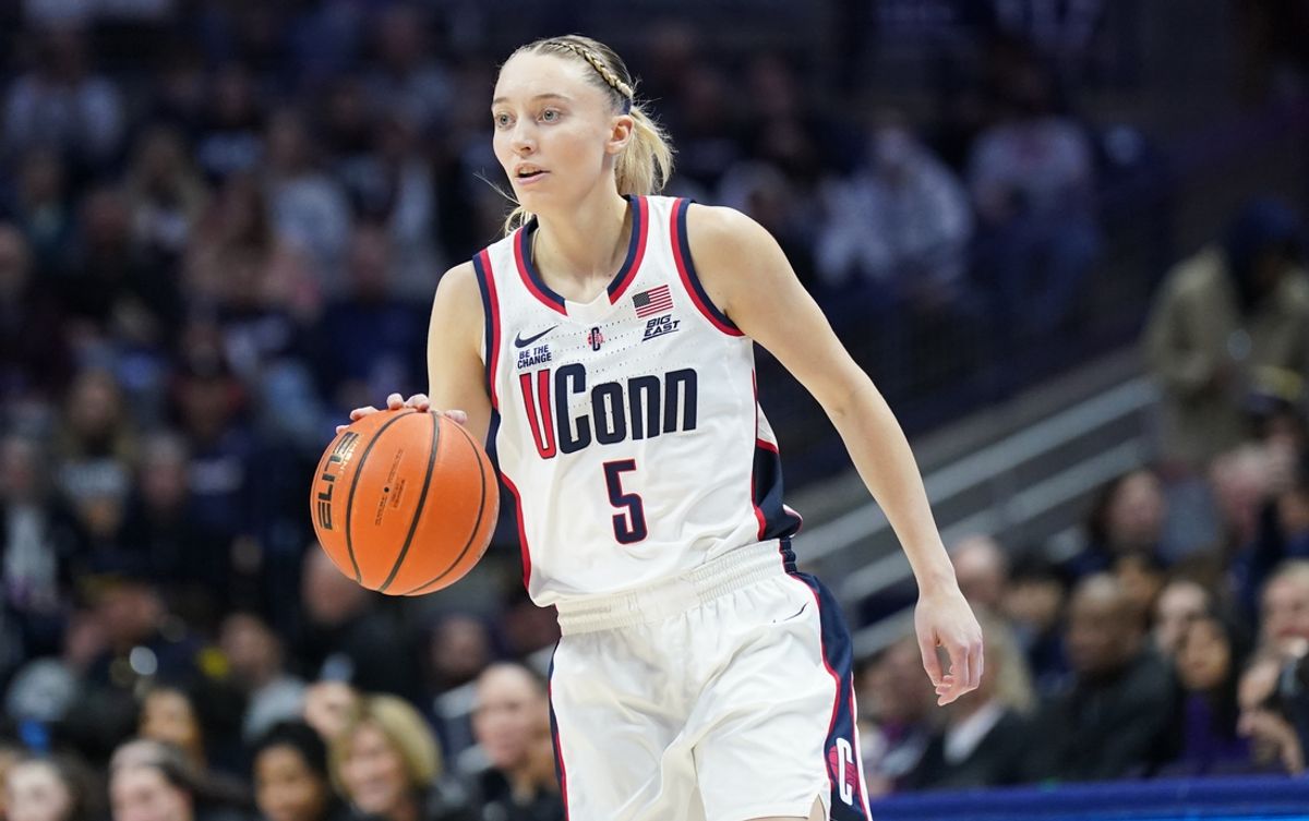 Jan 19, 2025; Storrs, Connecticut, USA; UConn Huskies guard Paige Bueckers (5) returns the ball against the Seton Hall Pirates in the first half at Harry A. Gampel Pavilion. Mandatory Credit: David Butler II-Imagn Images