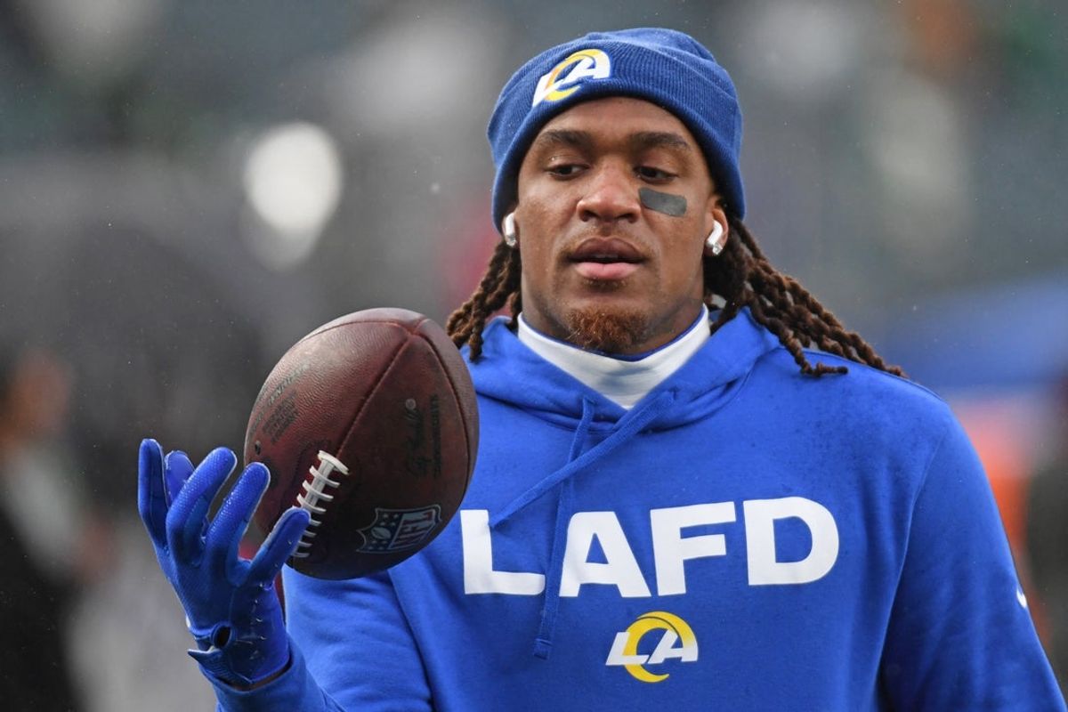 Jan 19, 2025; Philadelphia, Pennsylvania, USA; Los Angeles Rams wide receiver Demarcus Robinson (15) during warmups against the Philadelphia Eagles in a 2025 NFC divisional round game at Lincoln Financial Field. Mandatory Credit: Eric Hartline-Imagn Images