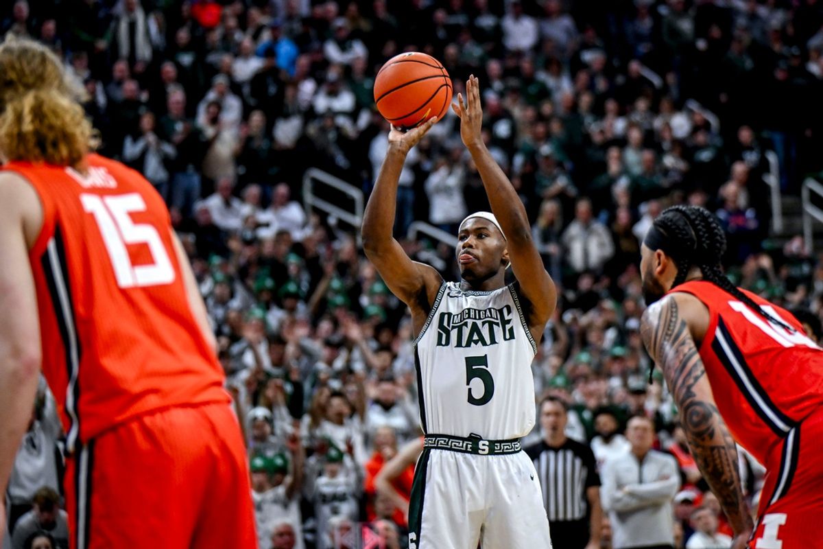 Michigan State's Tre Holloman shoots a free throw late during the second half in the game against Illinois on Sunday, Jan. 19, 2025, at the Breslin Center in East Lansing.
