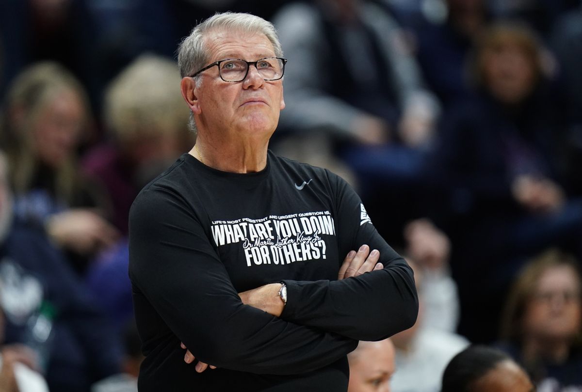 Jan 19, 2025; Storrs, Connecticut, USA; UConn Huskies head coach Geno Auriemma watches from the sideline as they take on the Seton Hall Pirates at Harry A. Gampel Pavilion. Mandatory Credit: David Butler II-Imagn Images