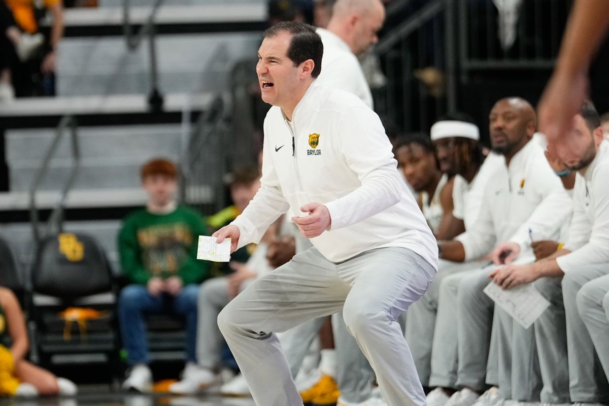 Jan 19, 2025; Waco, Texas, USA;  Baylor Bears head coach Scott Drew reacts to a call against the TCU Horned Frogs during the first half at Paul and Alejandra Foster Pavilion. Mandatory Credit: Chris Jones-Imagn Images