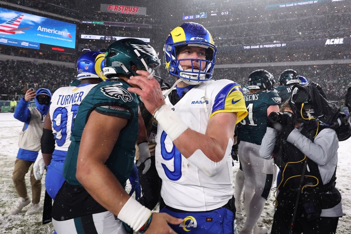 Jan 19, 2025; Philadelphia, Pennsylvania, USA; Philadelphia Eagles quarterback Jalen Hurts (1) greets Los Angeles Rams quarterback Matthew Stafford (9) after their game in a 2025 NFC divisional round game at Lincoln Financial Field. Mandatory Credit: Bill Streicher-Imagn Images