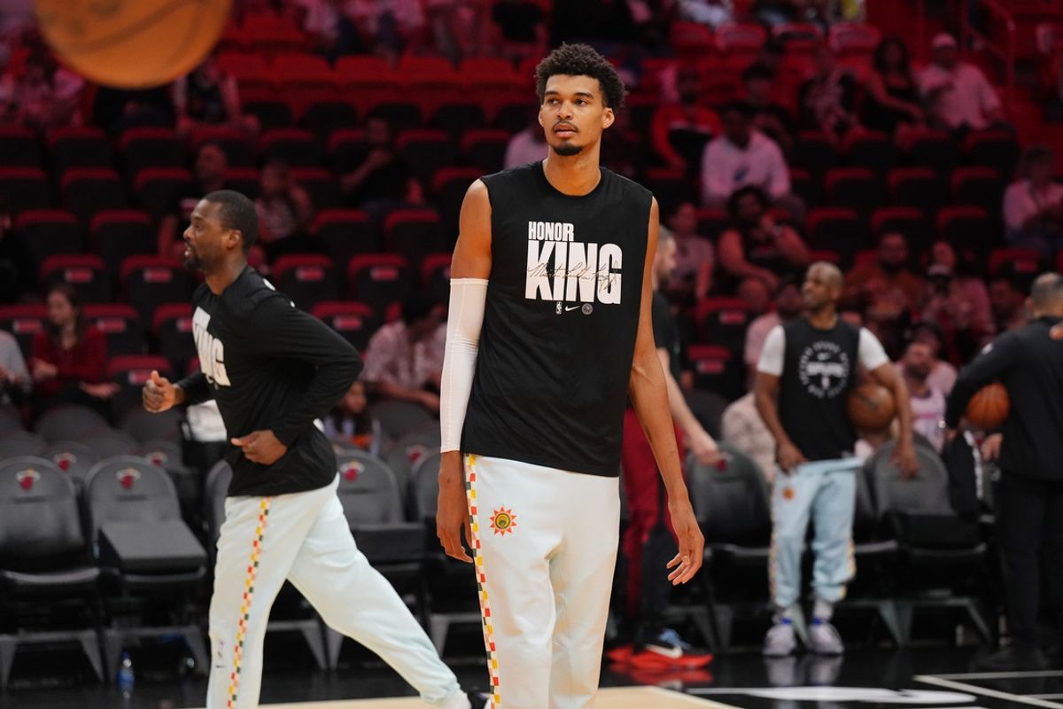 Jan 19, 2025; Miami, Florida, USA;  San Antonio Spurs center Victor Wembanyama (1) warms up before the game against the Miami Heat at Kaseya Center. Mandatory Credit: Jim Rassol-Imagn Images