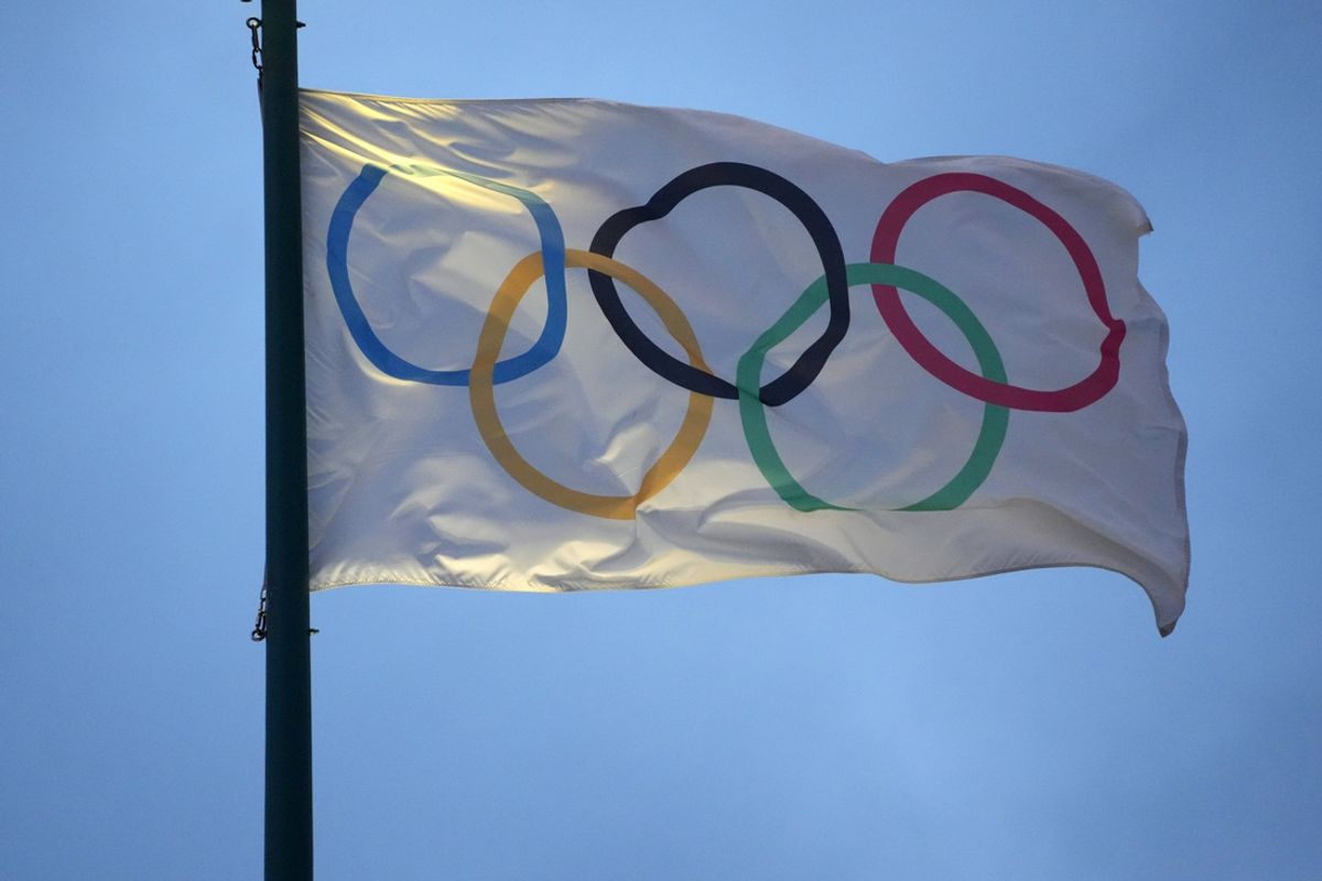 Jan 19, 2025; Atlanta, GA, USA; The Olympic rings flag at Centennial Park. Mandatory Credit: Kirby Lee-Imagn Images