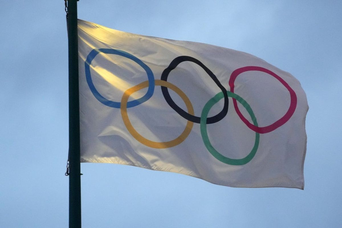 Jan 19, 2025; Atlanta, GA, USA; The Olympic rings flag at Centennial Park. Mandatory Credit: Kirby Lee-Imagn Images