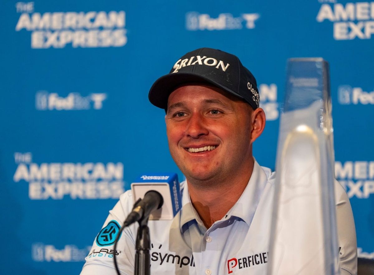Sepp Straka takes questions during a press conference after winning The American Express at PGA West in La Quinta, Calif., Sunday, Jan. 19, 2025.
