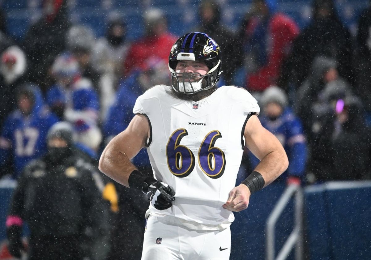 Jan 19, 2025; Orchard Park, New York, USA; Baltimore Ravens guard Ben Cleveland (66) looks on during warm ups before the game against the Buffalo Bills in a 2025 AFC divisional round game at Highmark Stadium. Mandatory Credit: Mark Konezny-Imagn Images