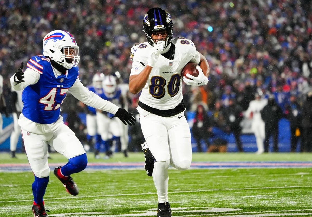 Jan 19, 2025; Orchard Park, New York, USA; Baltimore Ravens tight end Isaiah Likely (80) makes a catch during the first quarter against the Buffalo Bills in a 2025 AFC divisional round game at Highmark Stadium. Mandatory Credit: Gregory Fisher-Imagn Images