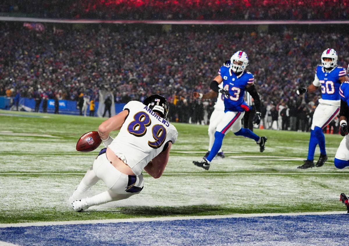 Jan 19, 2025; Orchard Park, New York, USA; Baltimore Ravens tight end Mark Andrews (89) drops a pass on a two-point conversion late in the fourth quarter against the Buffalo Bills in a 2025 AFC divisional round game at Highmark Stadium. Mandatory Credit: Gregory Fisher-Imagn Images